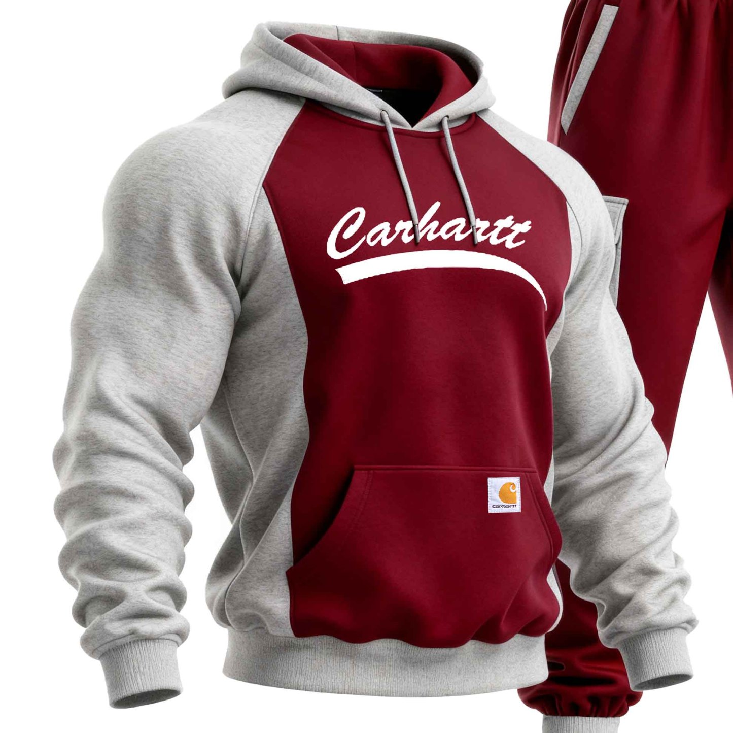 Men's Vintage Burgundy And Gray Pocket Hoodie And Sweatpants Jogger Set