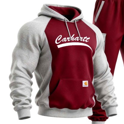 Men's Vintage Burgundy And Gray Pocket Hoodie And Sweatpants Jogger Set
