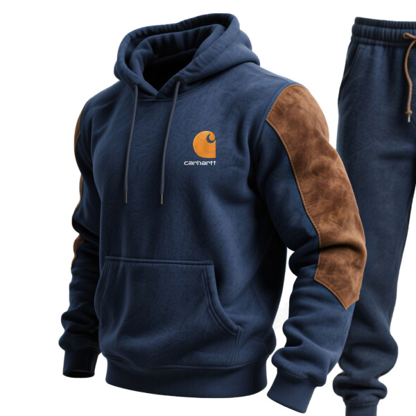 Men's Vintage Embroidered Navy Blue Stitching Brown Suede Pocket Hoodie and Sweatpants Jogger Set
