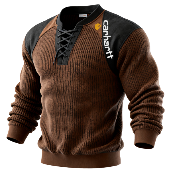 Men's Vintage Brown Colorblock Ribbed Henley Sweatshirt