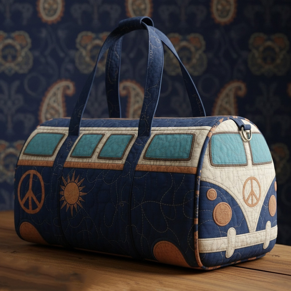 Ethnic Retro Style Floral Bus Quilted Embroidery Weekend Duffle Bag
