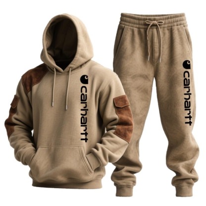 Men's Vintage Khaki Brown Suede Pocket Hoodie and Sweatpants Jogger Set