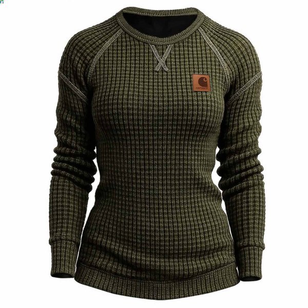 Women's Vintage Black Waffle Knit Crewneck Long Sleeve Sweatshirt