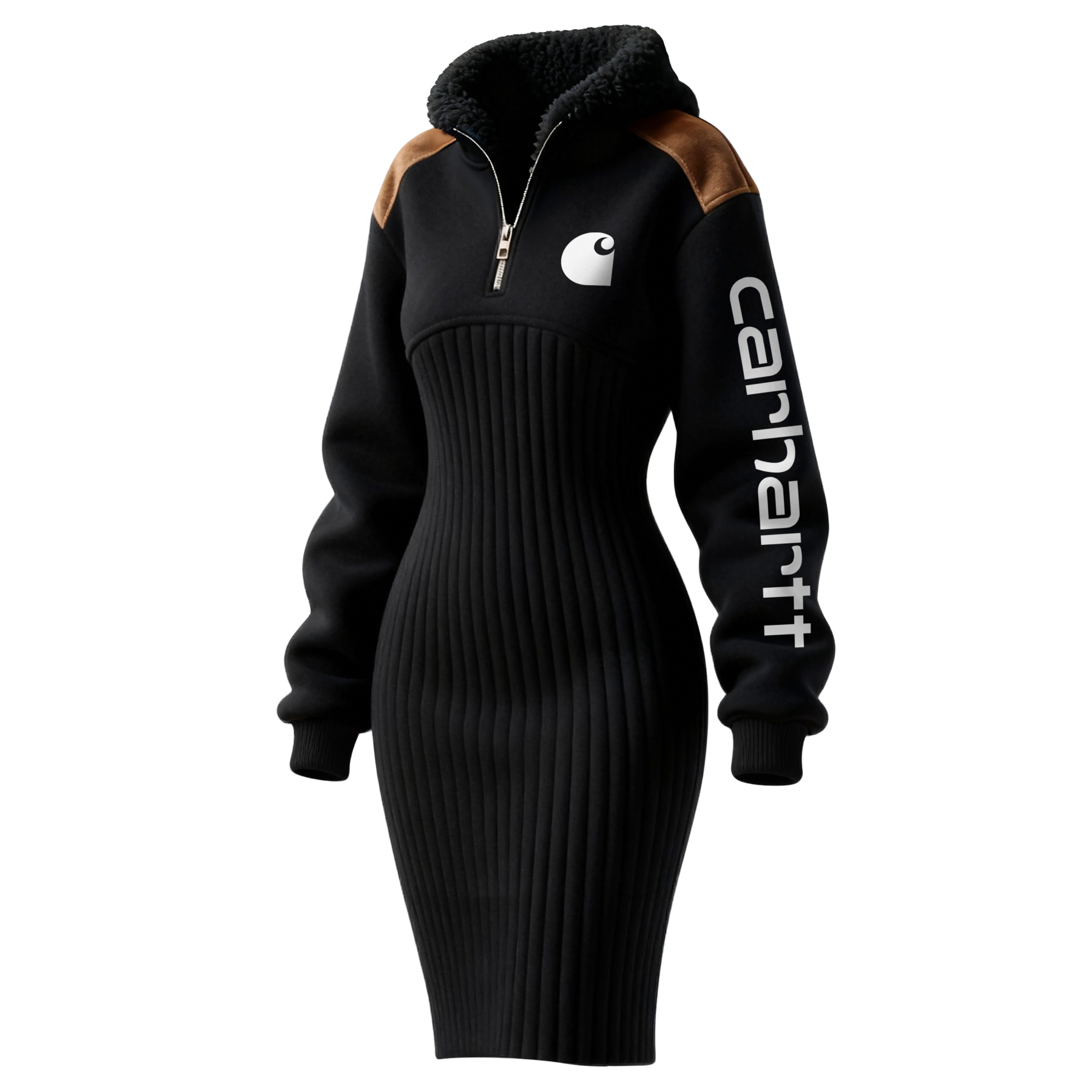 Women's Contrast Color Stitching Suede Lambswool Lapel Hooded Long Sweatshirt