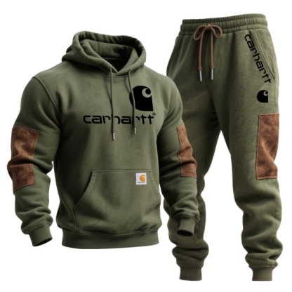 Men's Vintage Army Green Stitching Brown Suede Pocket Hoodie and Sweatpants Jogger Set