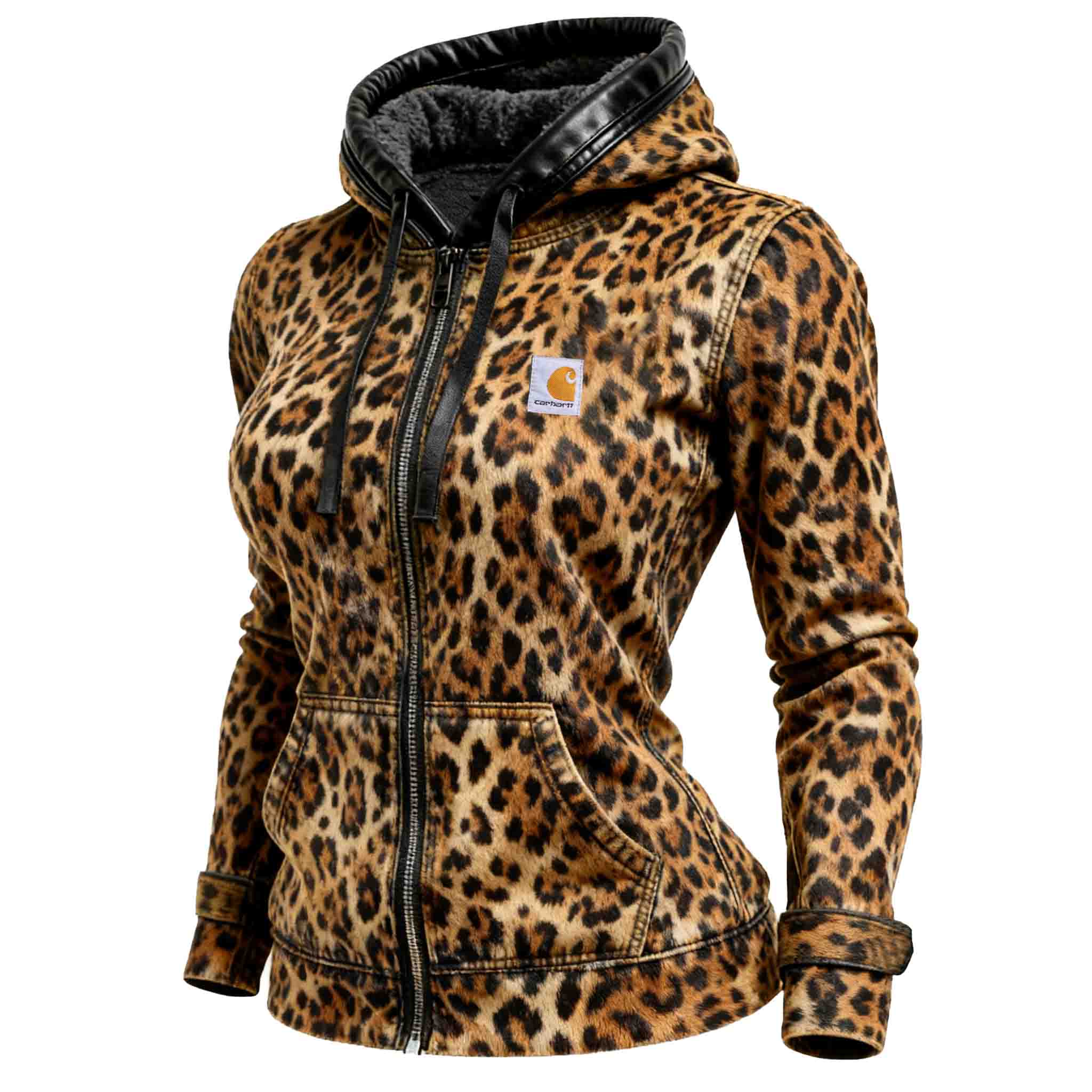 Women's Vintage Leopard Print Patchwork Leather Fleece Hooded Jacket