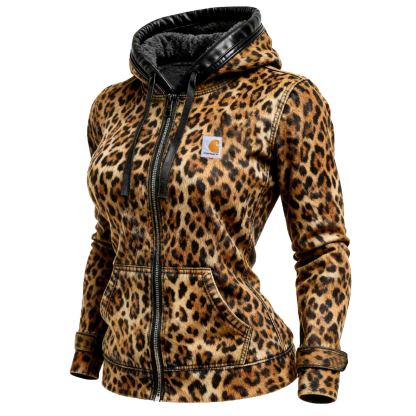 Women's Vintage Leopard Print Patchwork Leather Fleece Hooded Jacket
