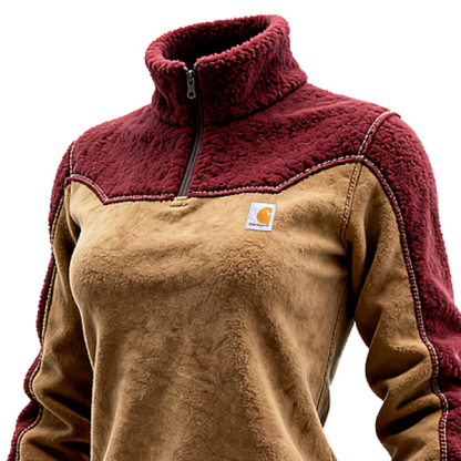 Women's Warm and Cozy Brown and Red Fleece Pullover Sweater Jacket