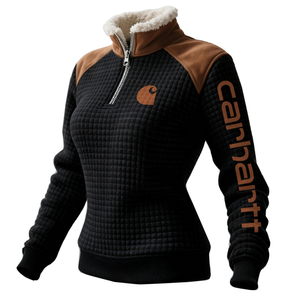 Women's Retro Western Style Waffle Contrast Suede Fleece Collar Stand Collar Sweatshirt