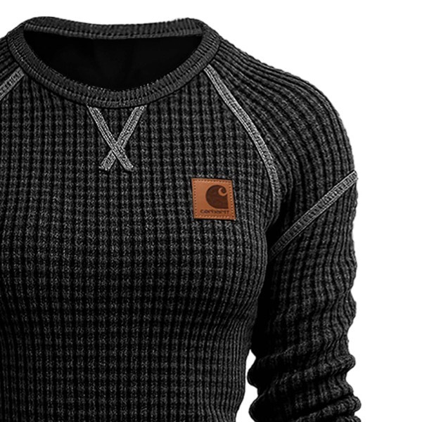 Women's Vintage Black Waffle Knit Crewneck Long Sleeve Sweatshirt