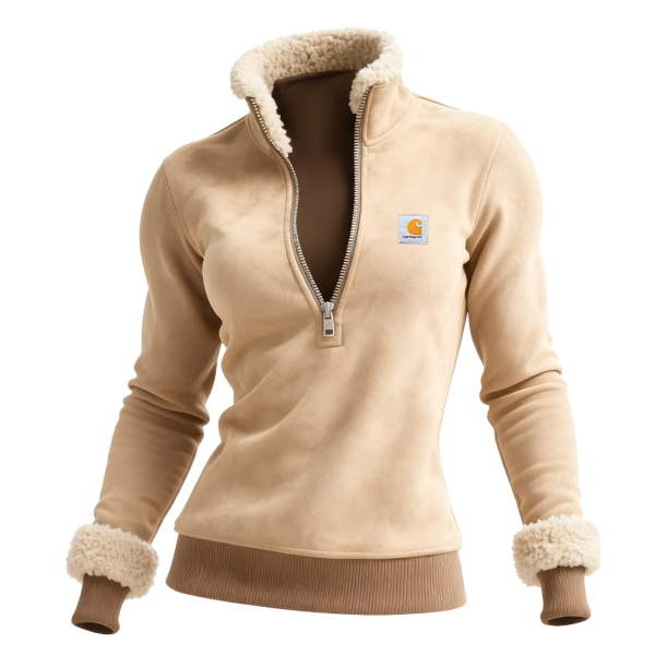 Retro Western Style Women's Suede Contrast Color Stitching 1/4 Zip Stand Collar Sweatshirt