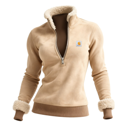 Retro Western Style Women's Suede Contrast Color Stitching 1/4 Zip Stand Collar Sweatshirt