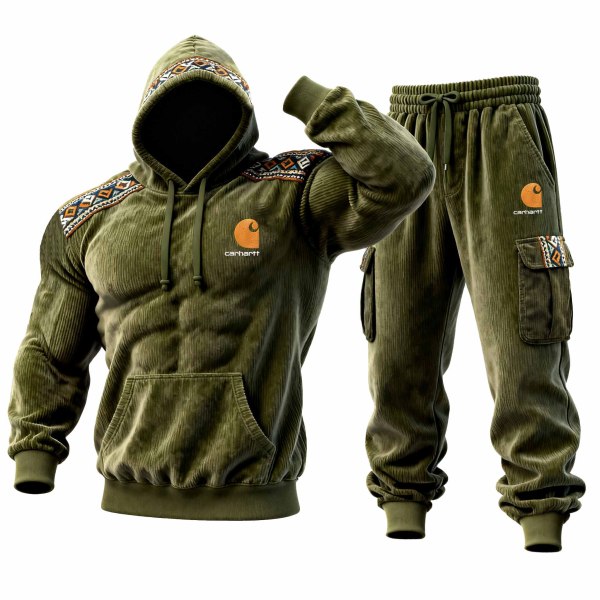 Men's Vintage Embroidered Olive Green Corduroy Ethnic Aztec Print Hoodie and Sweatpants Jogger Set