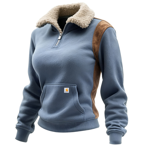 Retro Western Style Women's Contrast Color Stitching 1/4 Zip Stand Collar Sweatshirt