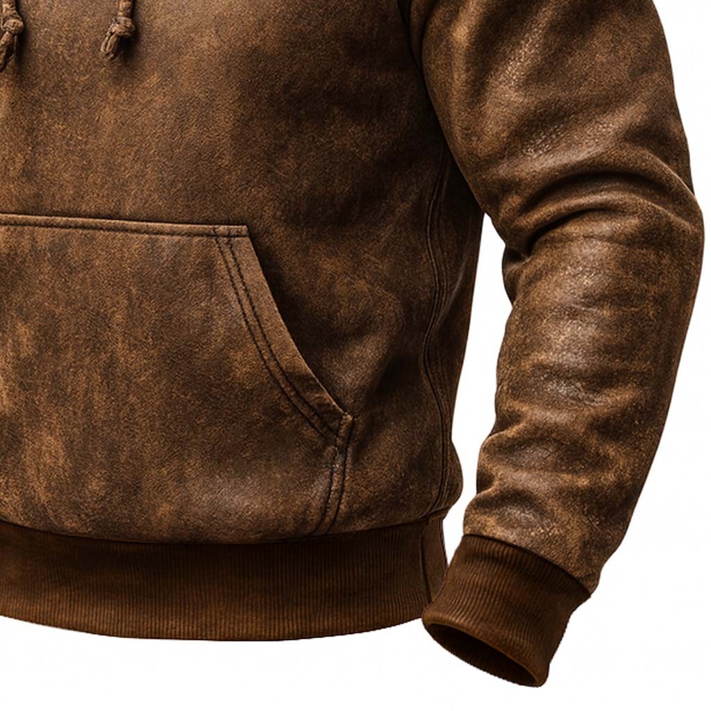 Men's Vintage Brown Leather Fleece Western Cowboy Warm Hoodie