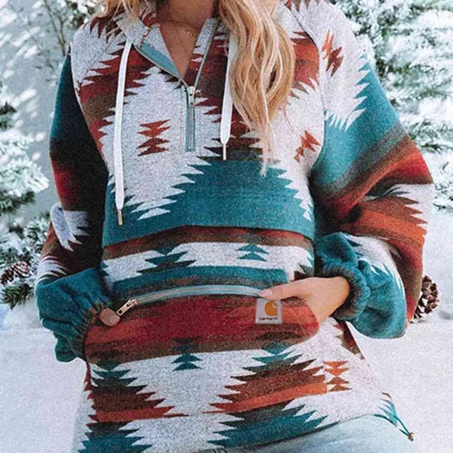 Women's Aztec Geometric Print Half-Zip Hooded Pullover
