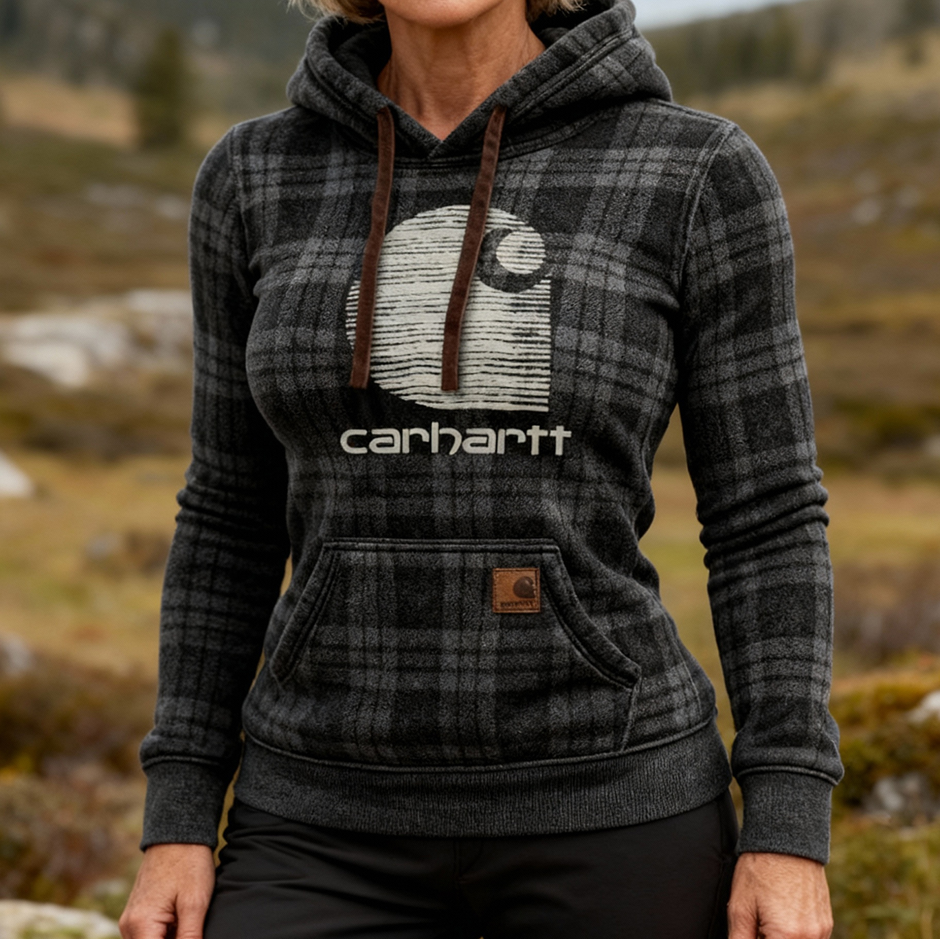 Women's Vintage Western Cowgirl Plaid Print Pocket Hoodie