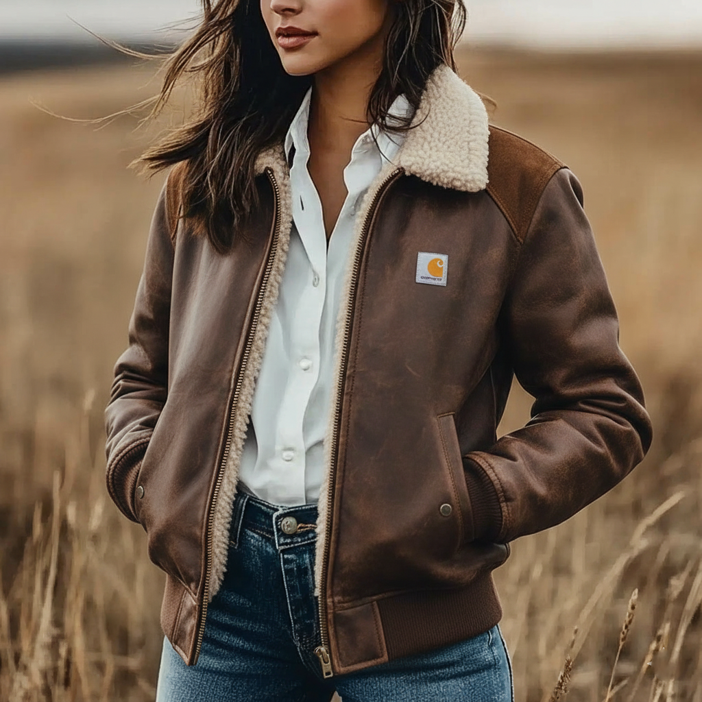 Women's Retro Leather Contrast Color Stitching Suede Zipper Stand Collar Coat Lambswool Lined Thickened Jacket