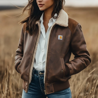 Women's Retro Leather Contrast Color Stitching Suede Zipper Stand Collar Coat Lambswool Lined Thickened Jacket