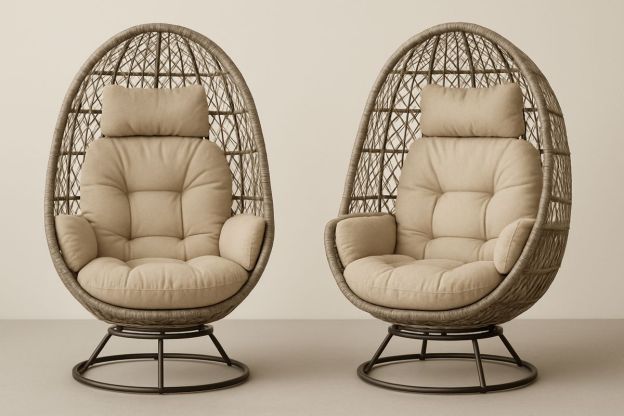 Rotting snurrestol sett med puter i beige stoff