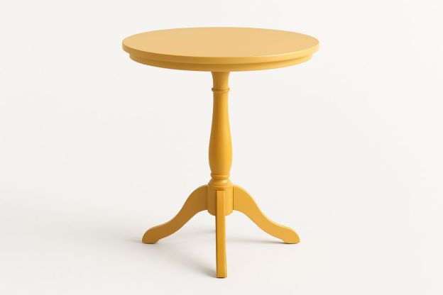 Rundt sidebord i tre, gul, diameter 50 cm