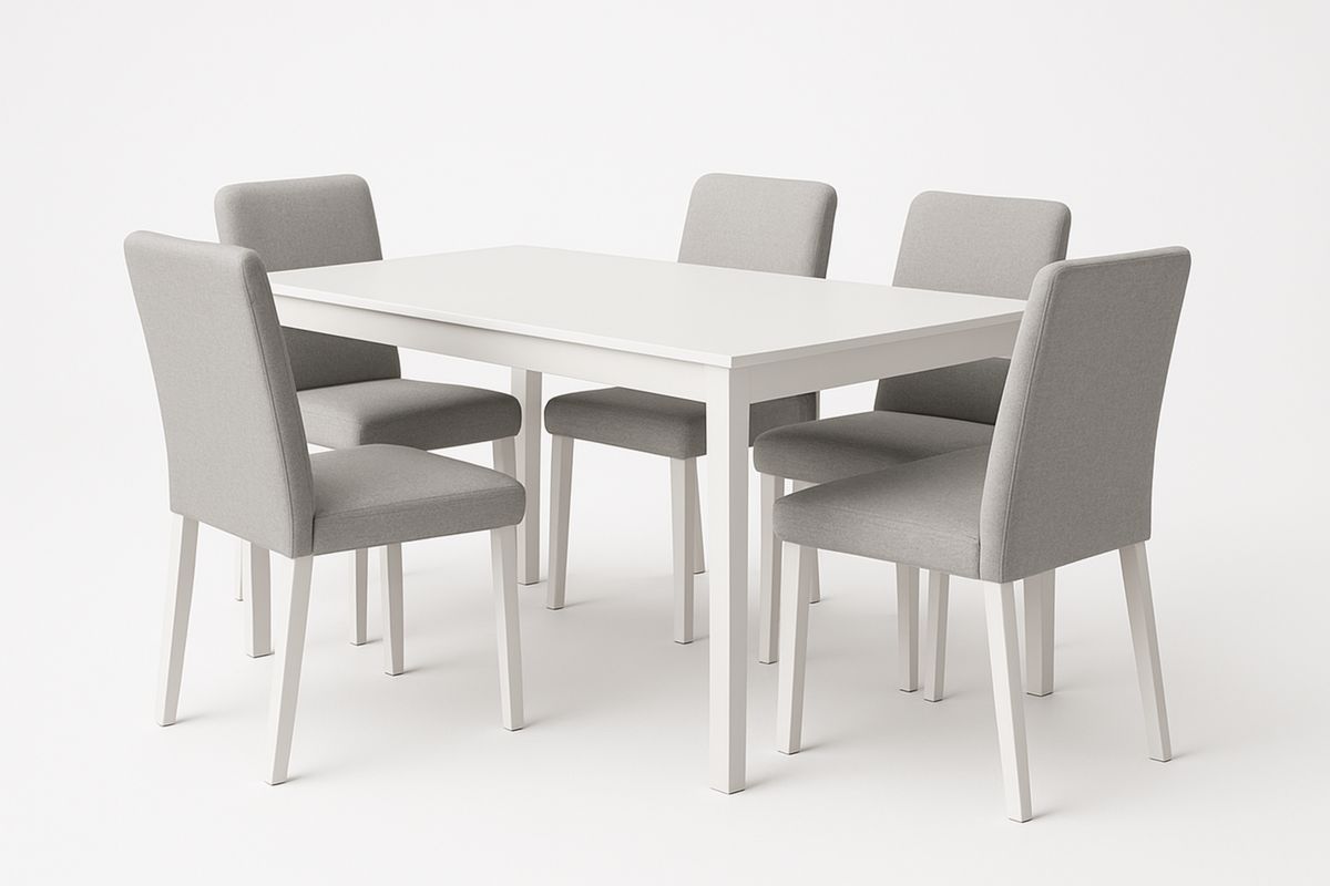 Spisebordsett med fem stoler, laget av MDF og tekstil, grå/hvit.
