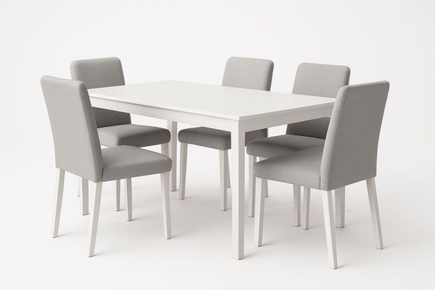 Spisebordsett med fem stoler, laget av MDF og tekstil, grå/hvit.