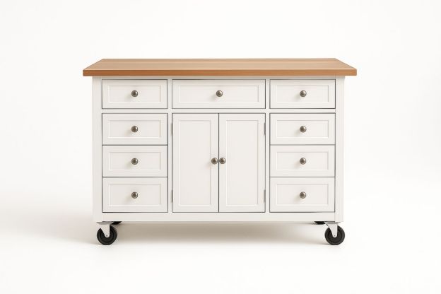 Hvit kjøkkenøy i MDF med treplate