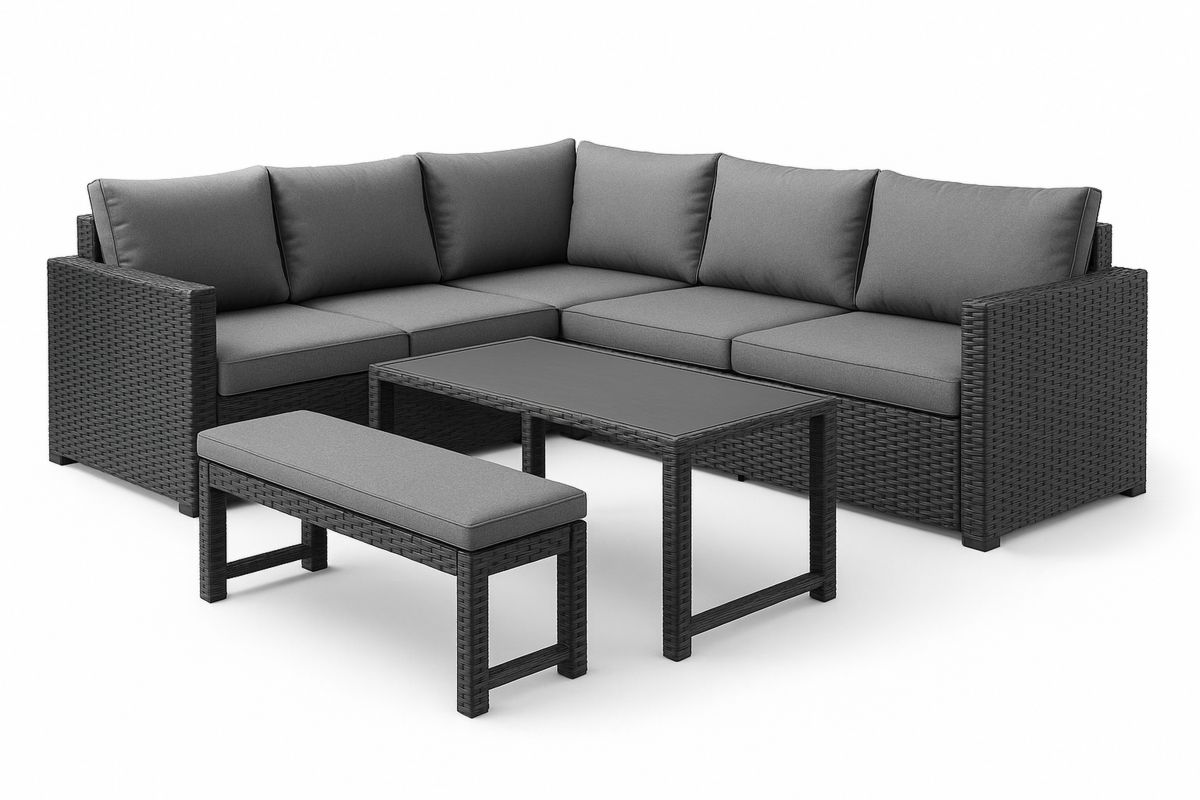 Hagesofagruppe i hjørneformet polyrotting med polyesterputer og bord