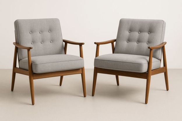 Sete med 2 grå stoler i polyesterstoff og treramme