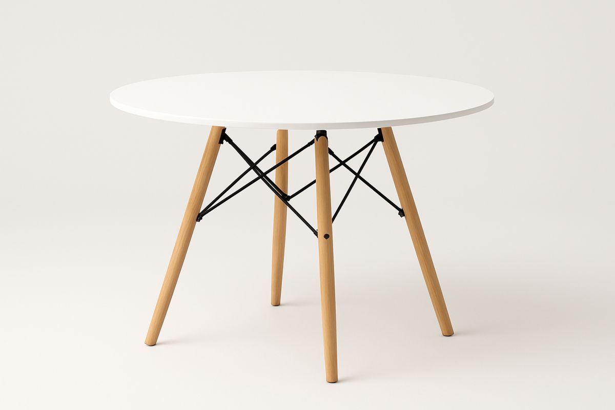 Rundt bord MDF hvit topp med bjørk bein