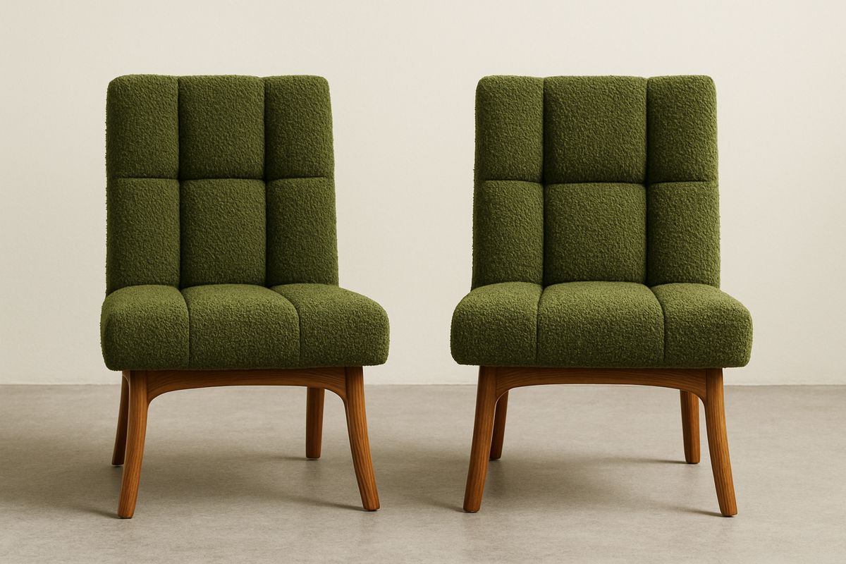 Grønn bouclé lenestolsett med trefinish