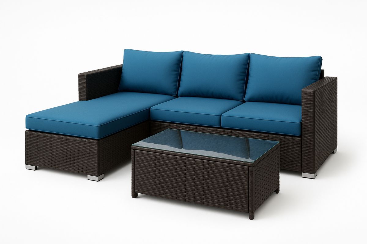 Utemøbler hjørnesofa i rotting med glassbord blå