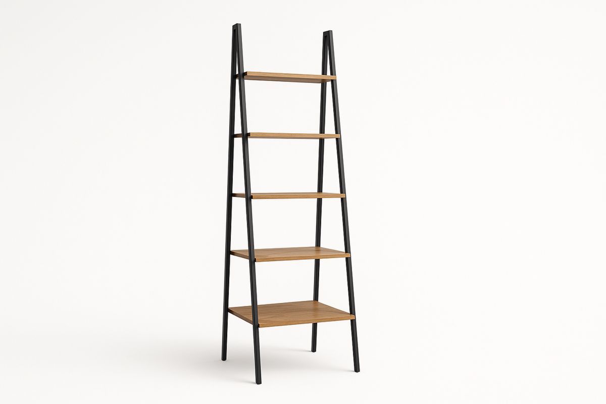 Stigehylle i metallramme og trehyller 5 nivåer svart/brun