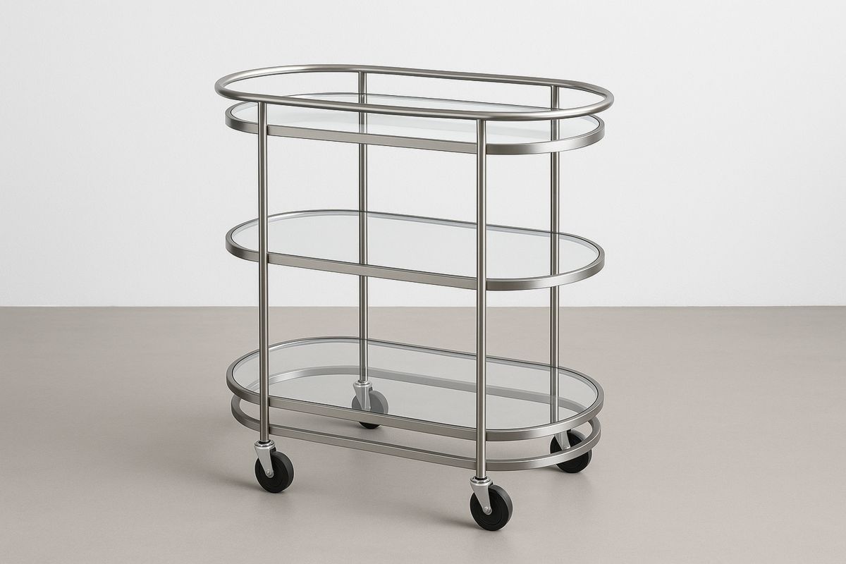 Serveringsvogn i stål med 3 hyller av herdet glass