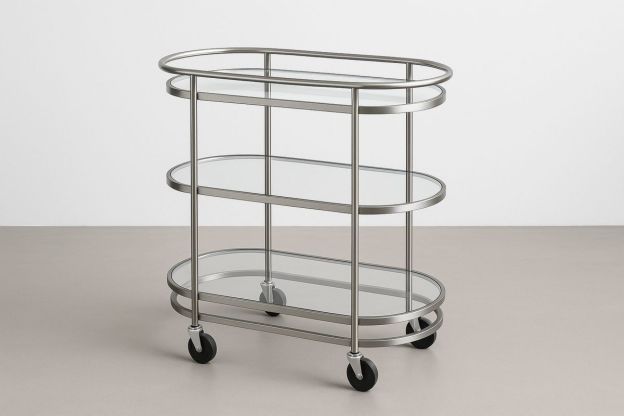Serveringsvogn i stål med 3 hyller av herdet glass