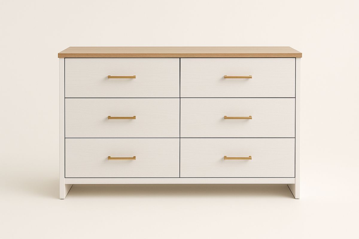 Kommode Treverk Hvit/Eik 6 Skuffer