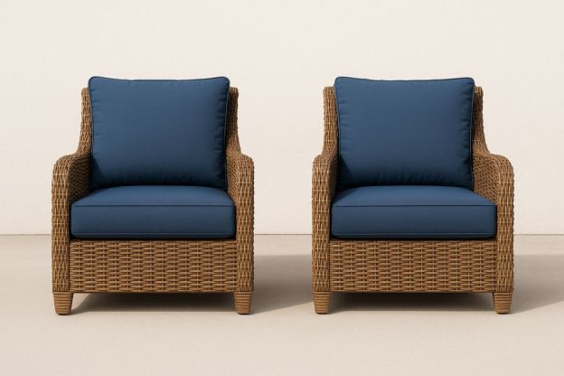 Utendørs rotting lenestol med blå polyesterputer, sett med 2