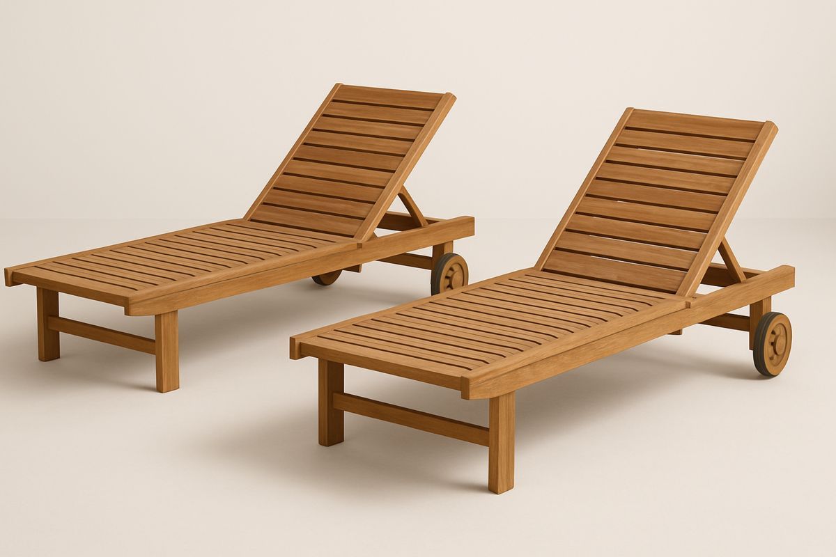 Solsengsett i akasietre justerbar rygg med hjul 200 cm