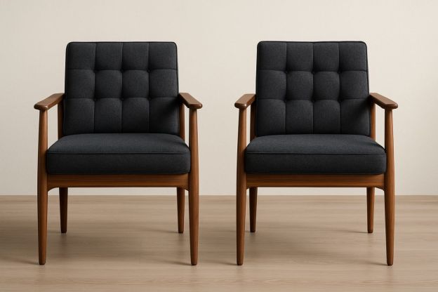 Sete med 2 stoler i treverk og polyester stoff i mørk grå