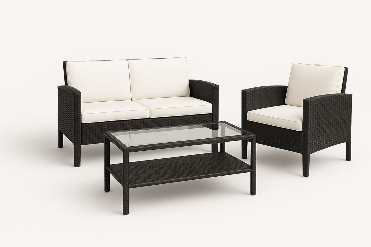 Hagemøbelsett i polyrotting med puter og herdet glassbord svart/hvit