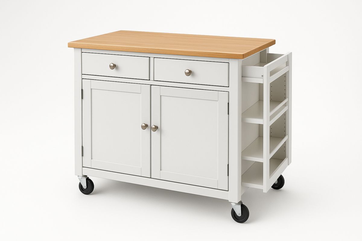 Kjøkkenvogn i tre og hvit MDF med skuffer og hyller