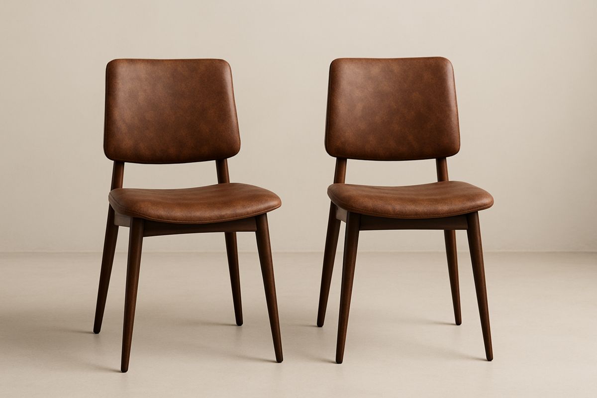 Sett med 2 spisestuestoler i tre med brunt syntetisk lær