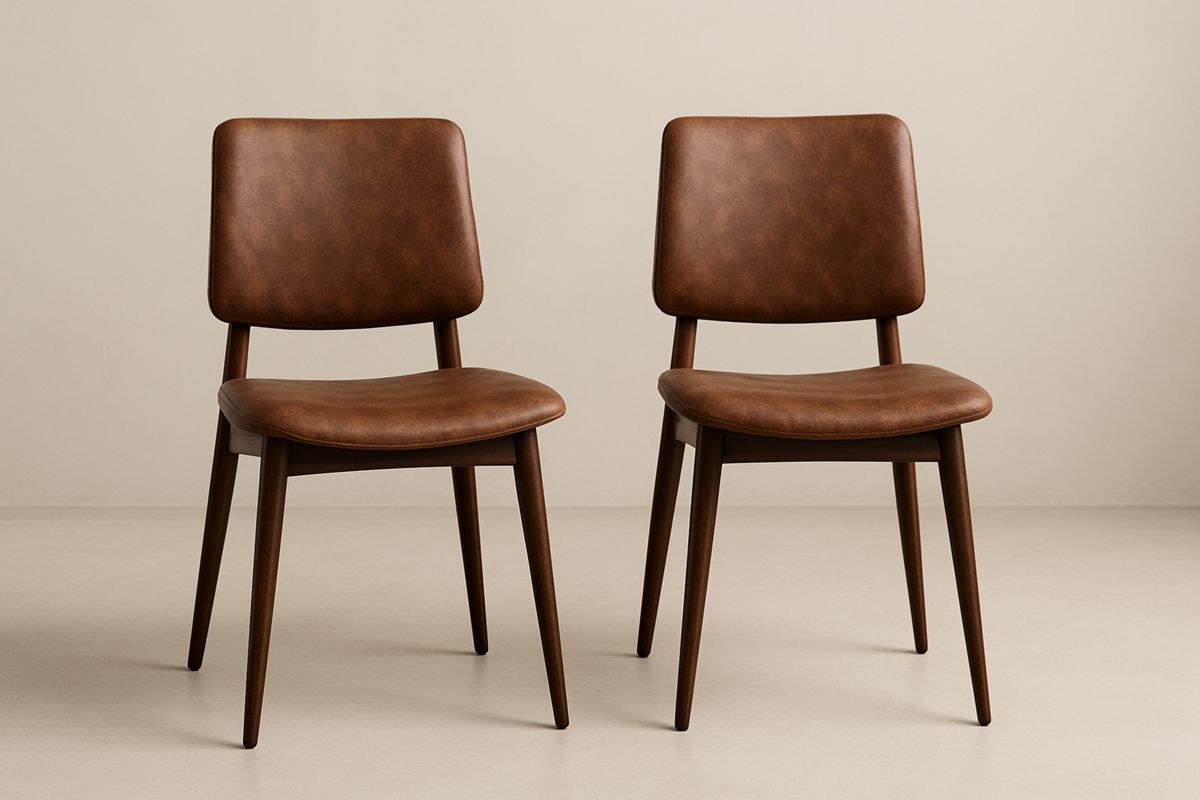 Sett med 2 spisestuestoler i tre med brunt syntetisk lær