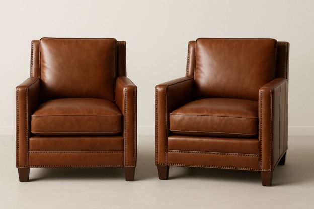 To stoler i brun lær og tre 91x91x91 cm