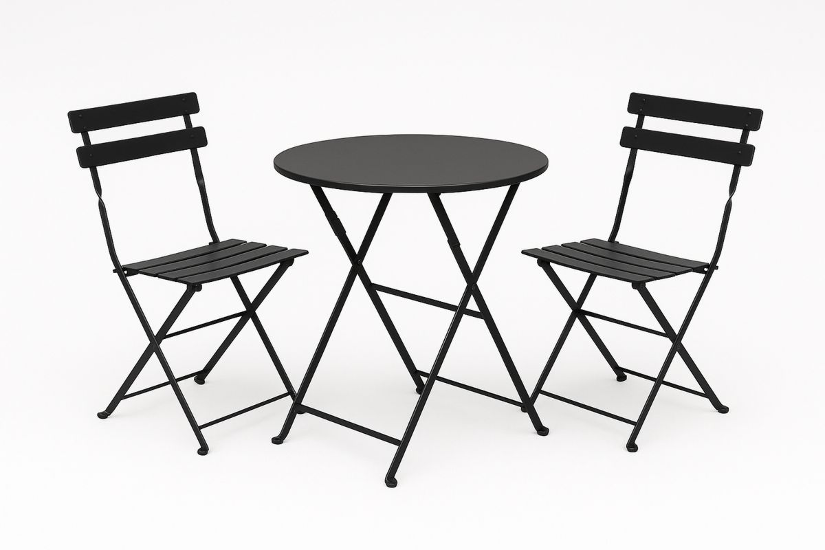 Rundt balkongsett i metall med to stoler, svart