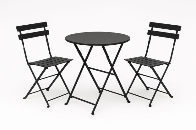 Rundt balkongsett i metall med to stoler, svart