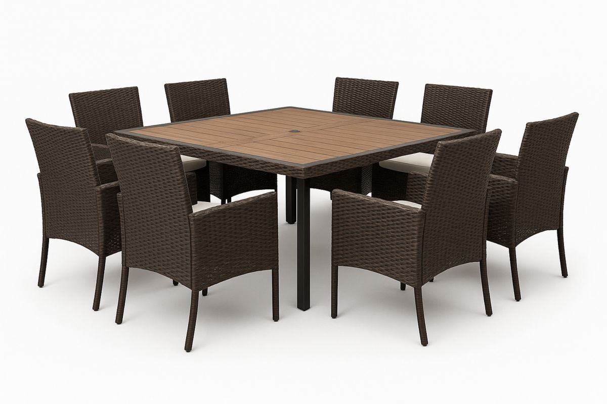 Hagemøbelsett med kvadratisk bord i aluminium og akasie, 8 stoler i mørk brun PE-rotting