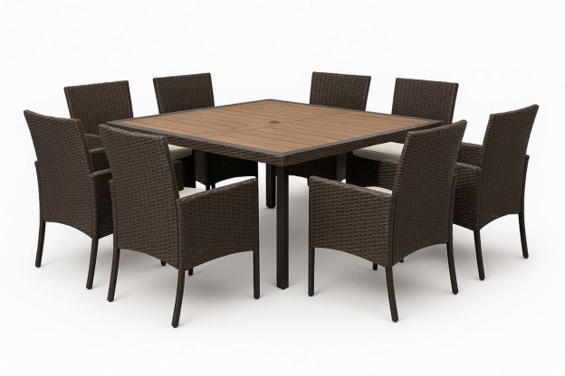 Hagemøbelsett med kvadratisk bord i aluminium og akasie, 8 stoler i mørk brun PE-rotting