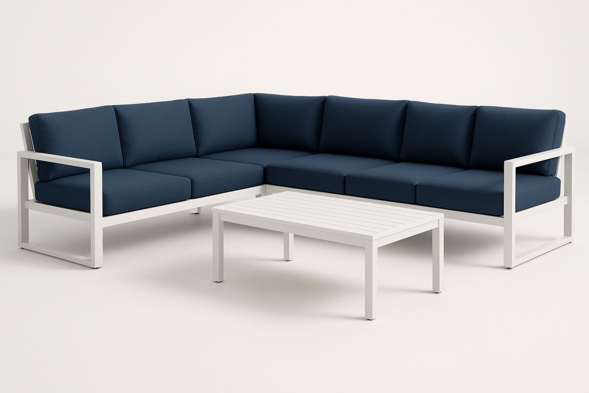 Hjørnesofa i aluminium med polyesterputer i mørkeblått og bord